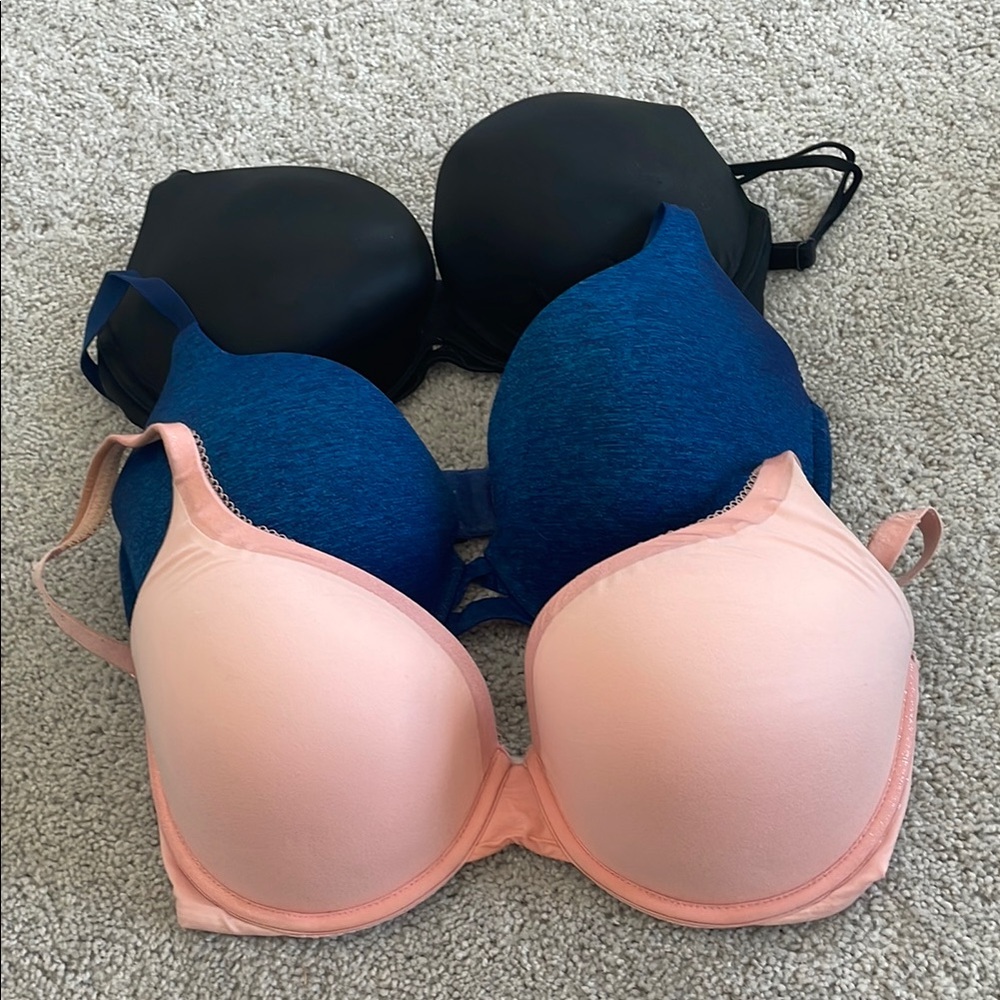 Set of Three Bras in Black, Blue, and Pink